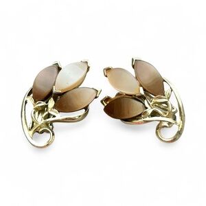 Vintage Brown Cat’s Eye Glass Leaf Clip-On Earrings